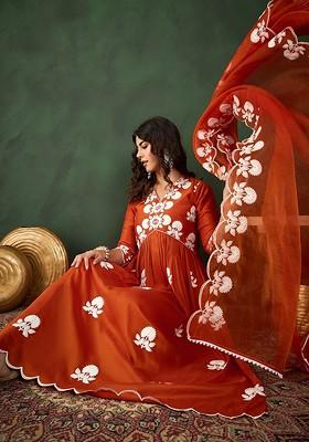 Orange Embroidered Blended Kurta Set