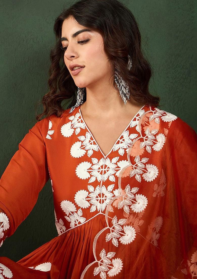 Orange Embroidered Blended Kurta Set - Indya