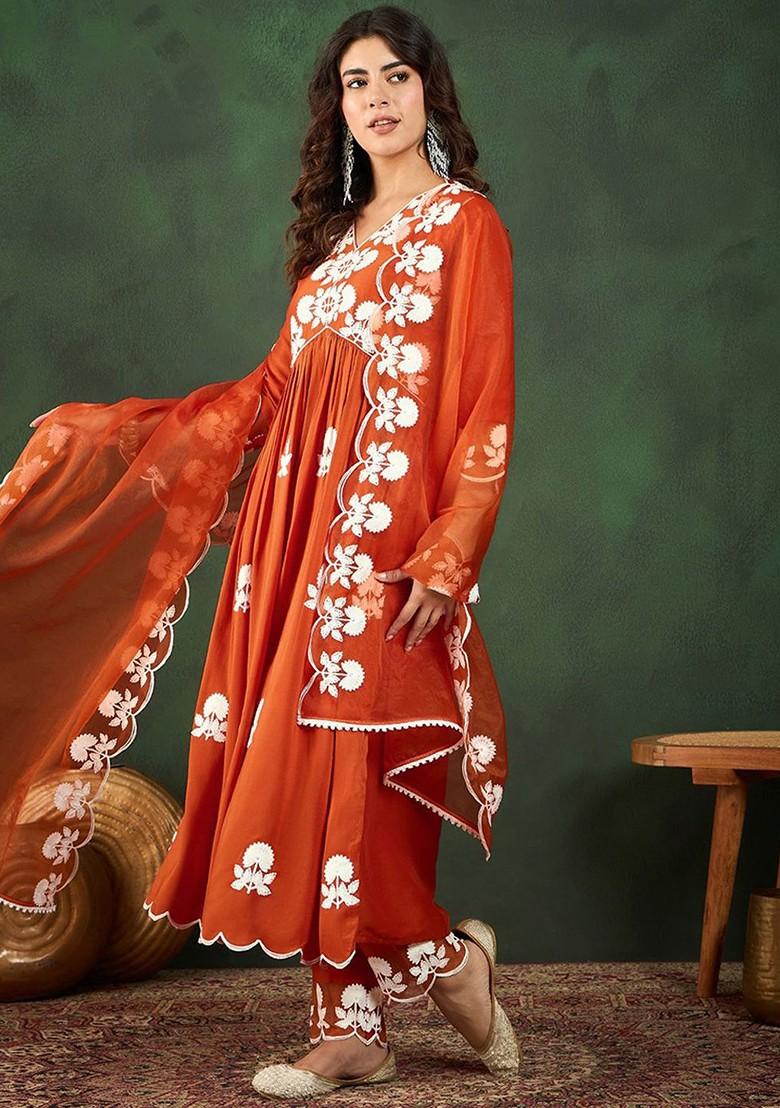 Orange Embroidered Blended Kurta Set - Indya