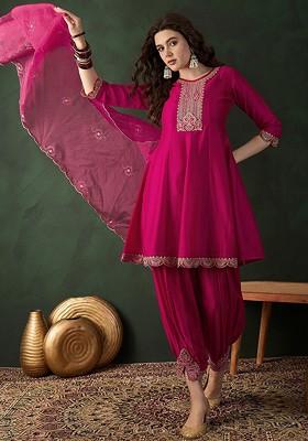 Magenta Embroidered Blended Kurta Set