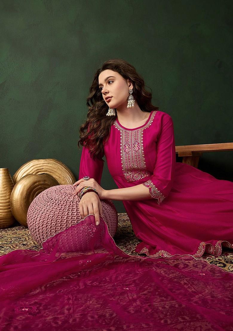 Magenta Embroidered Blended Kurta Set - Indya