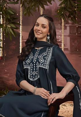 Grey Printed Blended Kurta Set