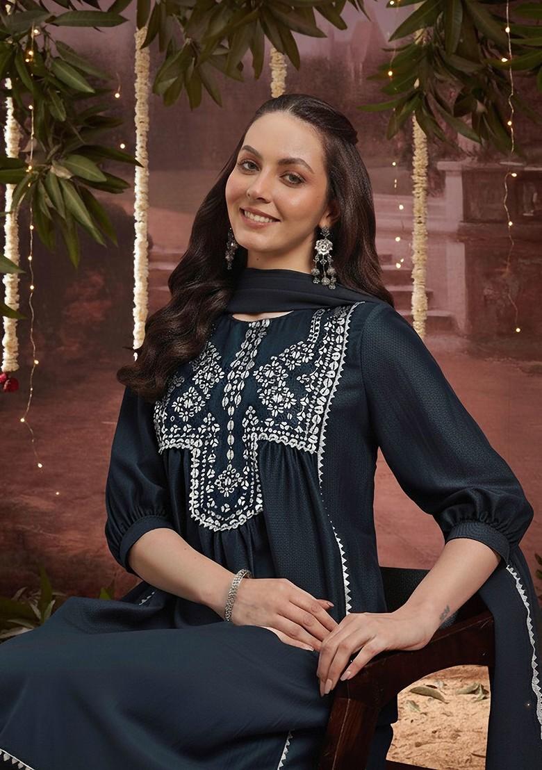 Grey Printed Blended Kurta Set - Indya