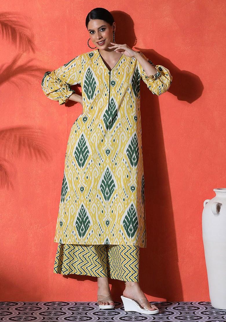 Yellow Printed Blended Kurta Set - Indya