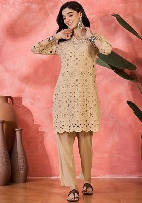Beige Self Design Blended Kurta Set