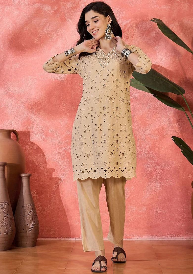 Beige Self Design Blended Kurta Set - Indya