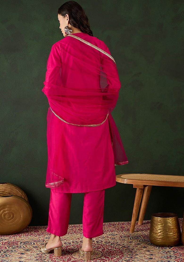 Fuchsia Embroidered Blended Kurta Set - Indya