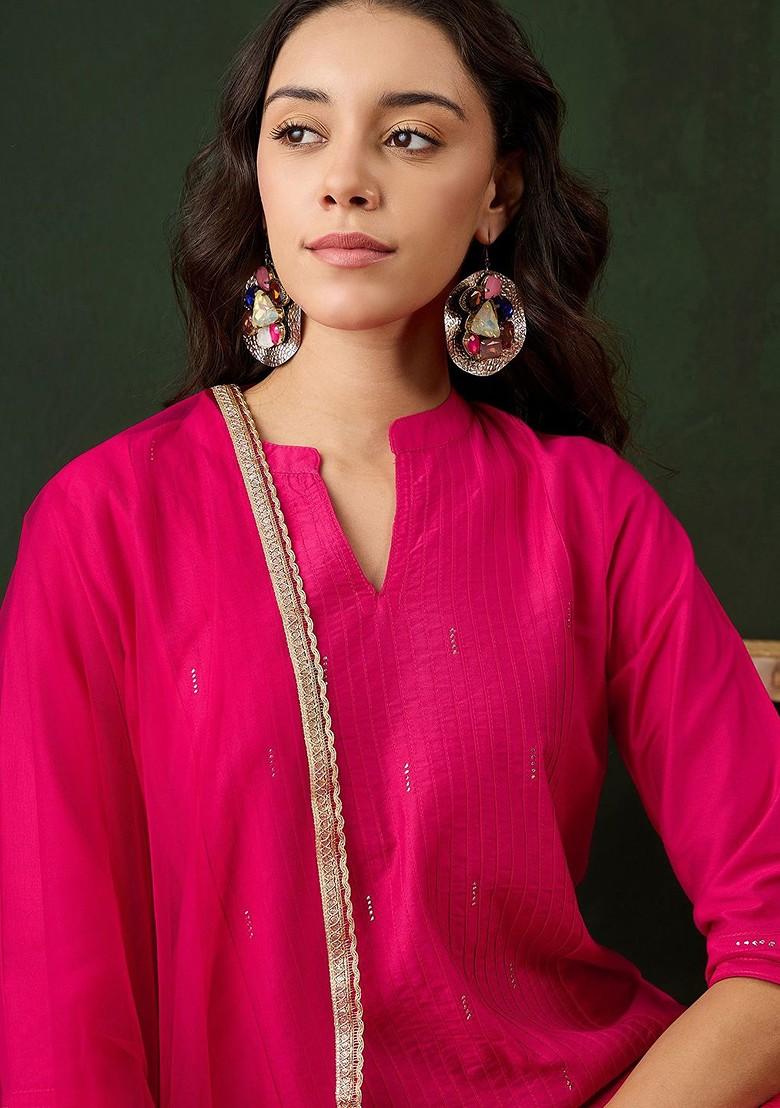 Fuchsia Embroidered Blended Kurta Set - Indya
