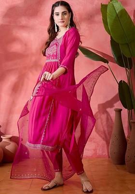 Fuchsia Embroidered Blended Kurta Set