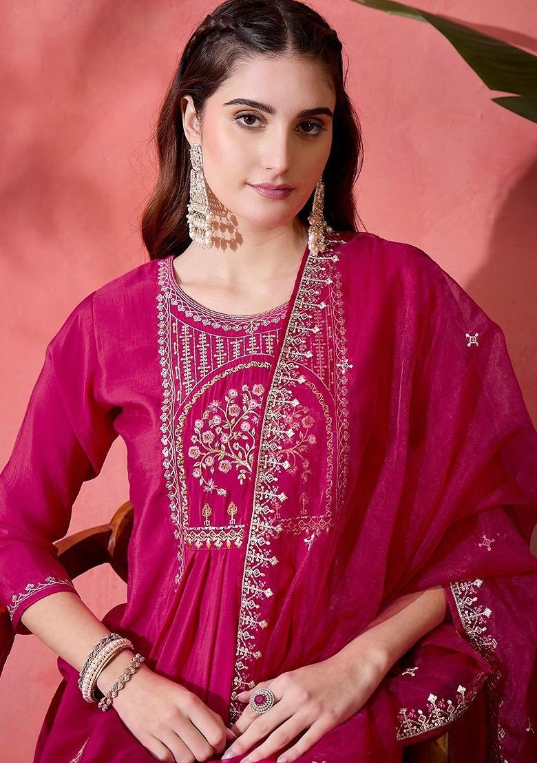 Fuchsia Embroidered Blended Kurta Set - Indya
