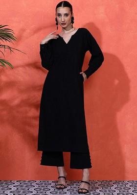 Black Self Design Blended Kurta Set