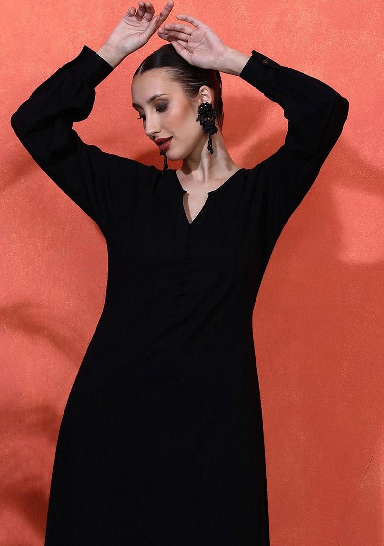 Black Self Design Blended Kurta Set - Indya