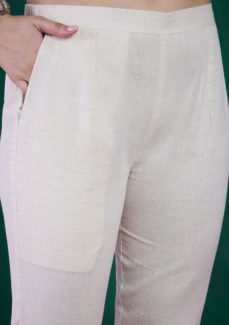 Off White Embroidered Blended Kurta Set - Indya