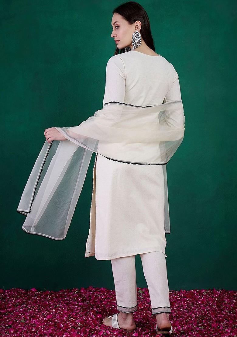 Off White Embroidered Blended Kurta Set - Indya