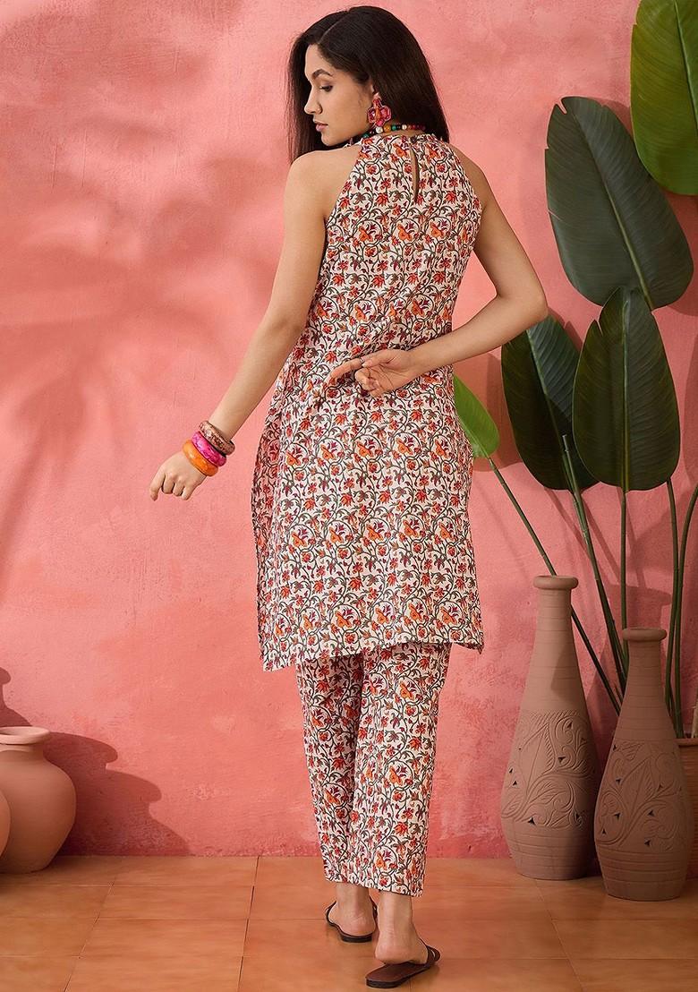 Orange Printed Blended Kurta Set - Indya