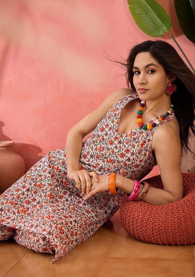 Orange Printed Blended Kurta Set - Indya