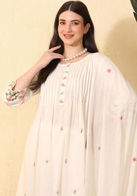 Off White Embroidered Blended Kurta Set