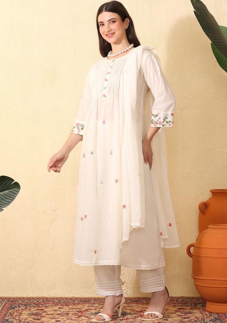 Off White Embroidered Blended Kurta Set - Indya
