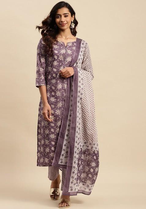 Maroon Printed Blended Kurta Set