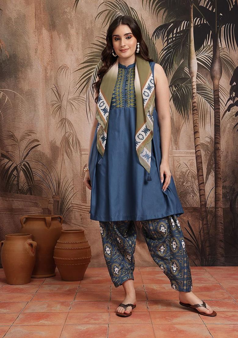 Blue Yoke Design Blended Kurta Set - Indya