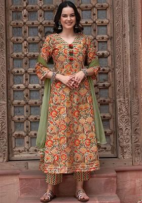 Olive Printed Blended Kurta Set