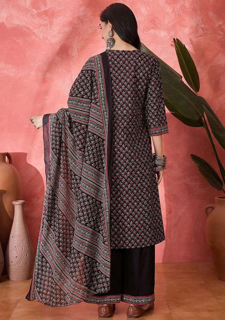 Black Printed Blended Kurta Set - Indya