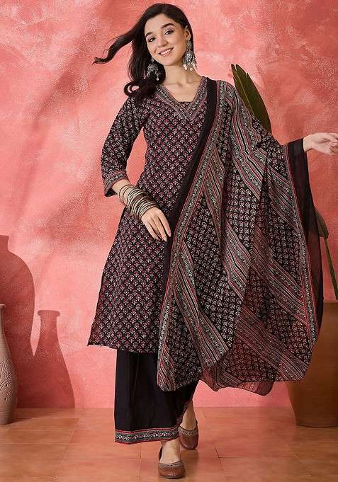 Black Printed Blended Kurta Set