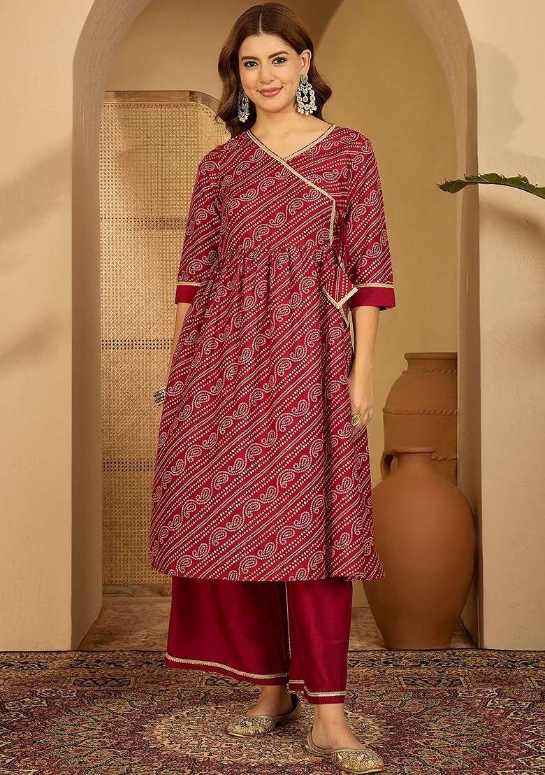 Maroon Printed Blended Kurta Set - Indya
