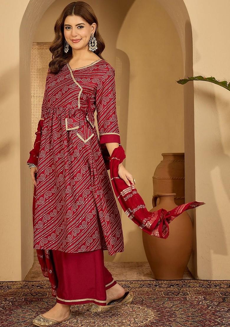 Maroon Printed Blended Kurta Set - Indya