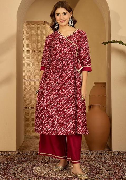 Maroon Printed Blended Kurta Set