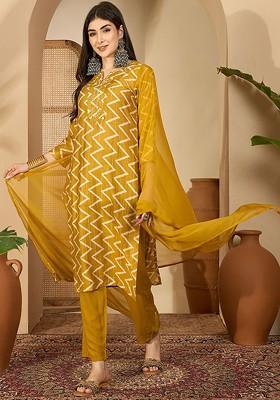 Mustard Printed Blended Kurta Set