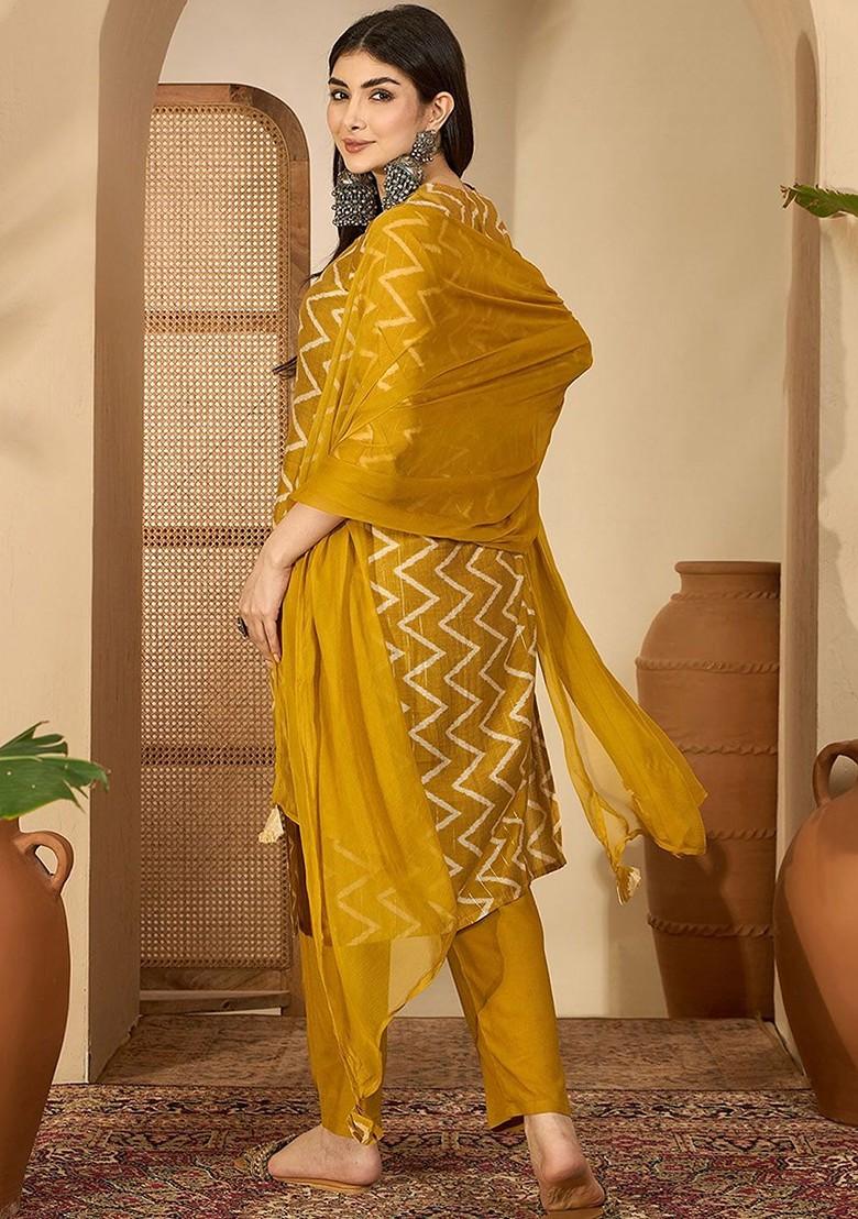 Mustard Printed Blended Kurta Set - Indya