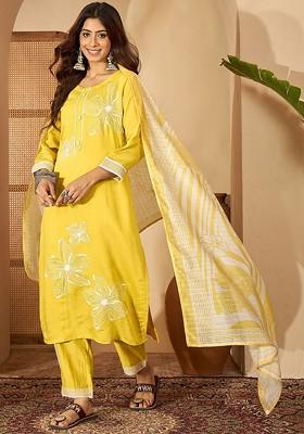 Yellow Embroidered Blended Kurta Set