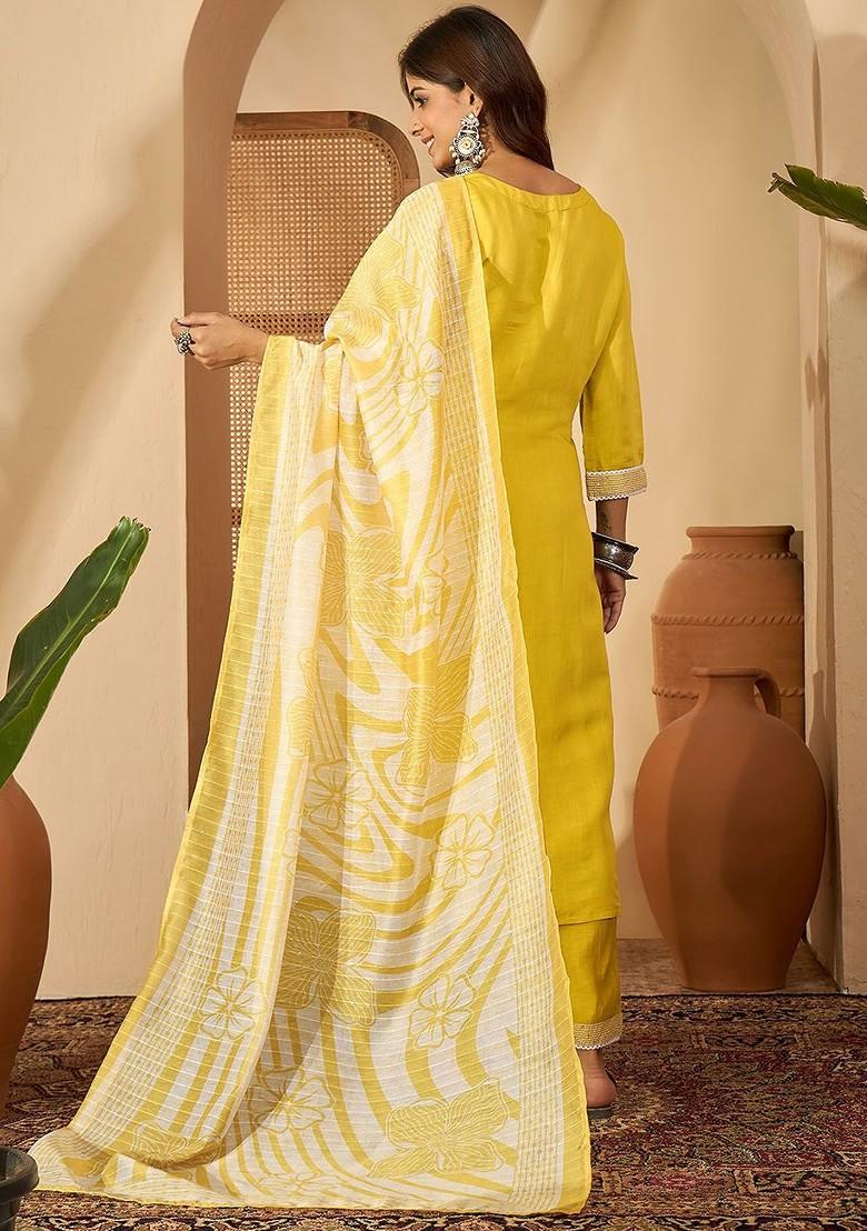 Yellow Embroidered Blended Kurta Set - Indya