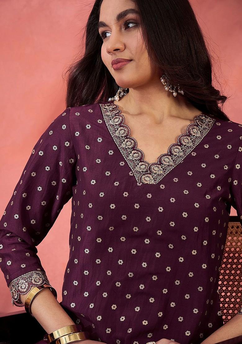 Brown Embroidered Blended Kurta Set - Indya