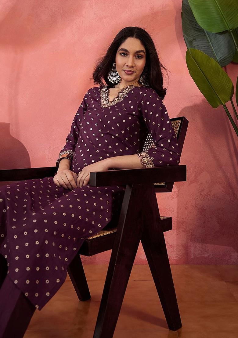 Brown Embroidered Blended Kurta Set - Indya