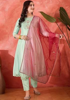 Sea Green Embroidered Blended Kurta Set