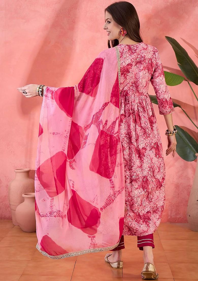 Pink Printed Blended Kurta Set - Indya