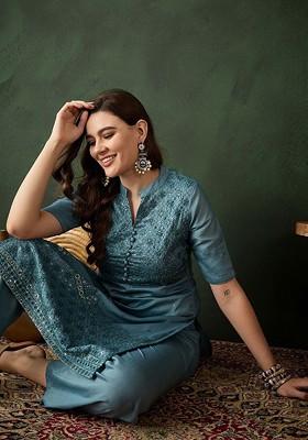 Blue Sequinned Blended Kurta Set