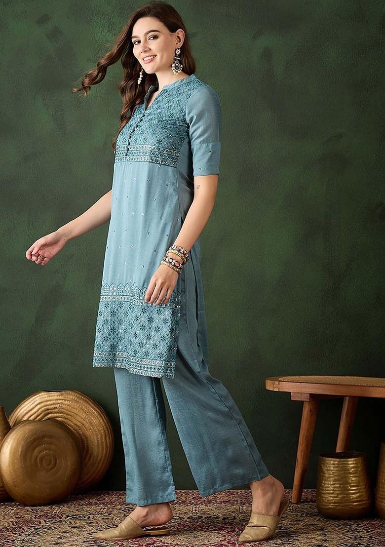 Blue Sequinned Blended Kurta Set - Indya
