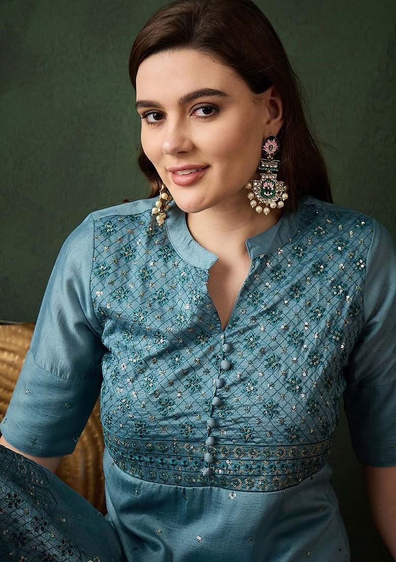 Blue Sequinned Blended Kurta Set - Indya