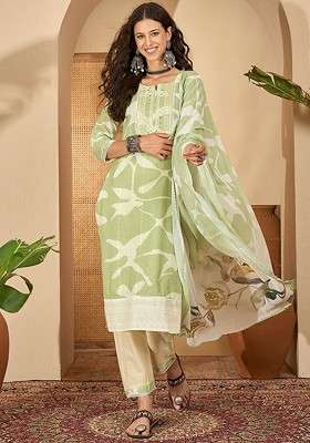 Green Printed Blended Kurta Set