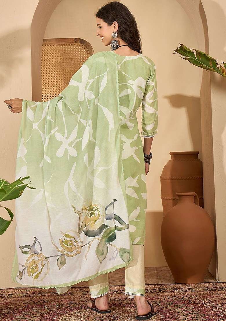 Green Printed Blended Kurta Set - Indya