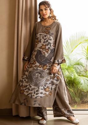 Grey Printed Blended Kurta Set