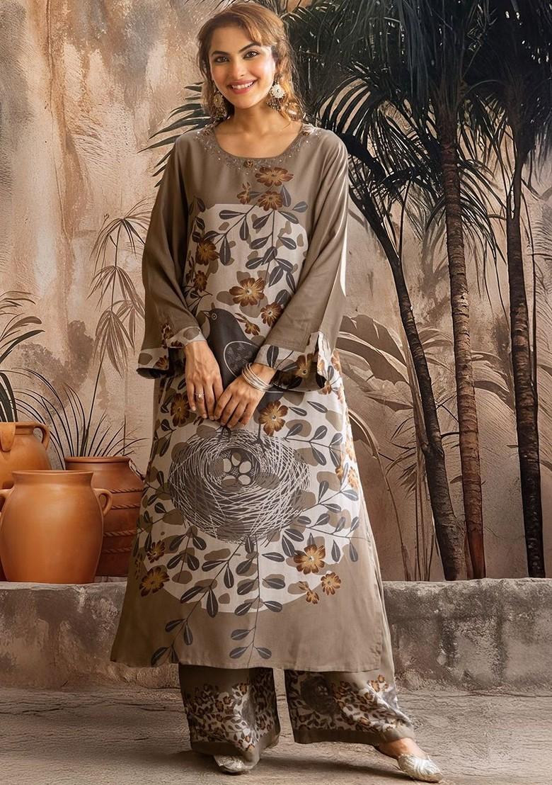 Grey Printed Blended Kurta Set - Indya