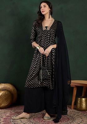 Black Printed Blended Kurta Set