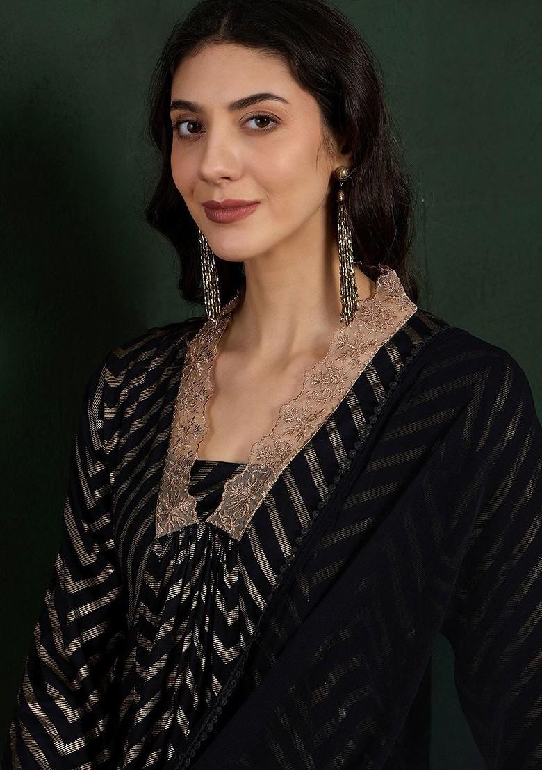 Black Printed Blended Kurta Set - Indya