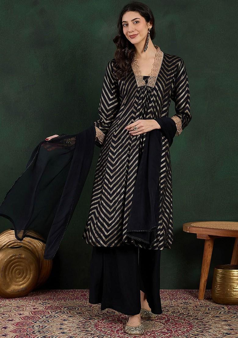 Black Printed Blended Kurta Set - Indya