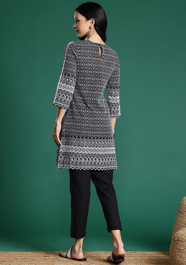 Black Embroidered Blended Kurta Set - Indya