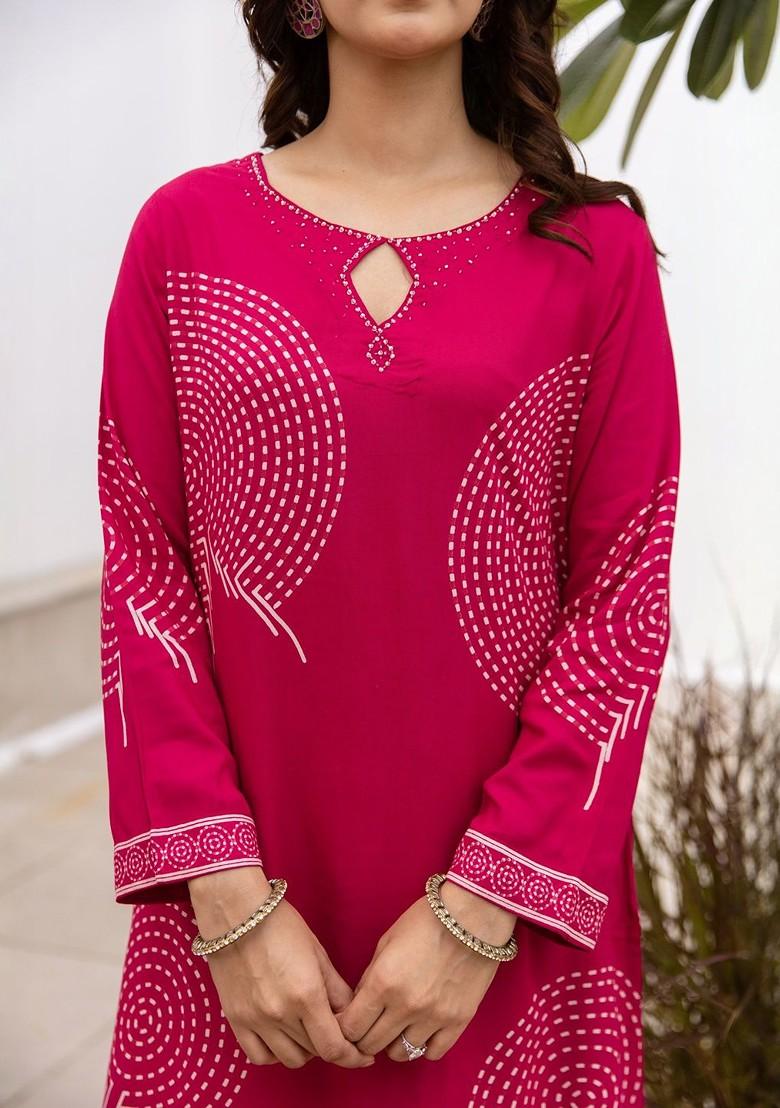 Fuchsia Printed Blended Kurta Set - Indya